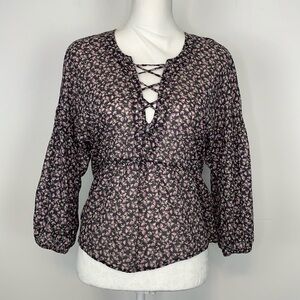 MCGUIRE Gray and Purple Floral Long Sleeve Cotton Peplum Blouse. Size Small.